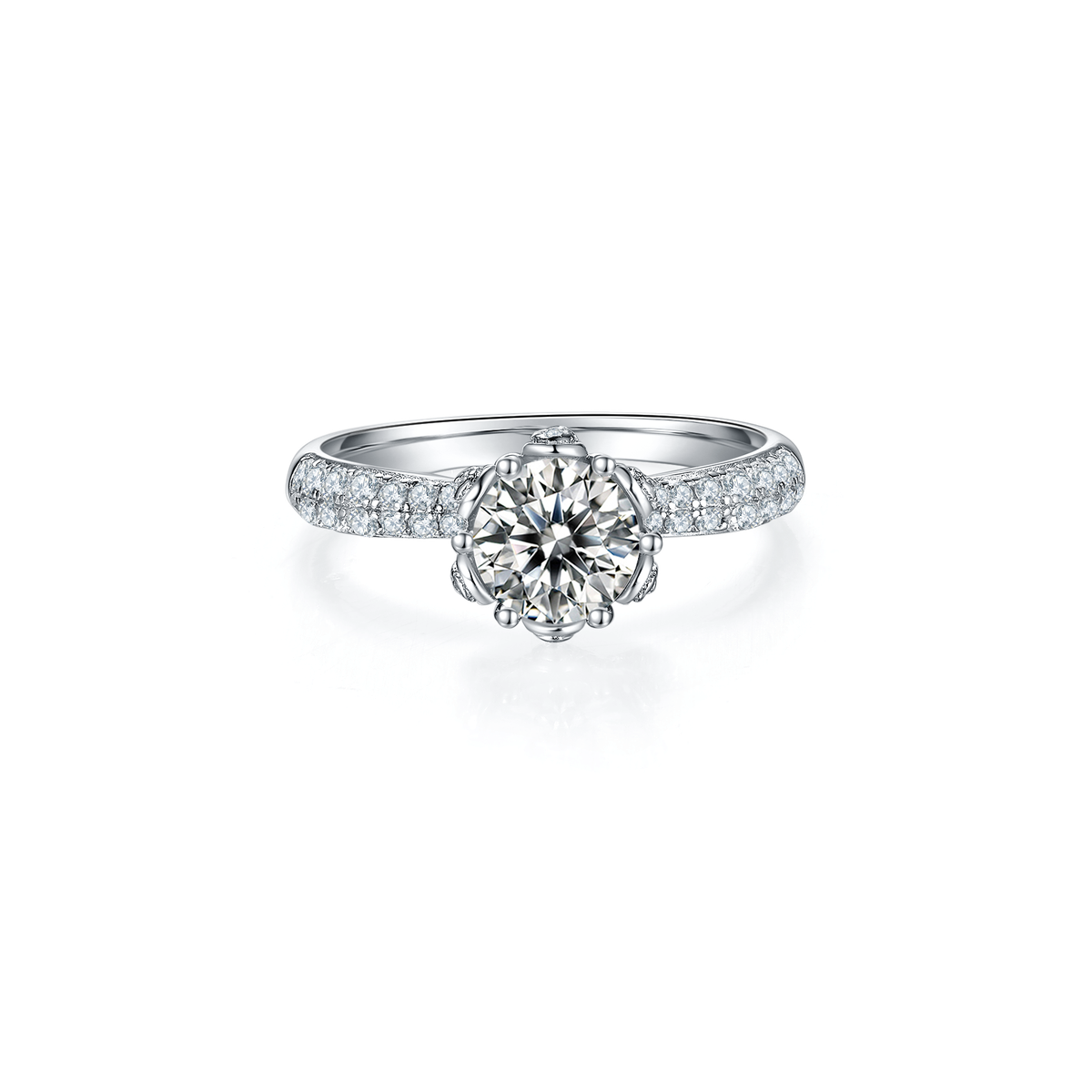 1.0 CT D Color Moissanite Flora Halo Straight Shank Ring in White Gold Plated Sterling Silver - centered product image - 20260525-100903