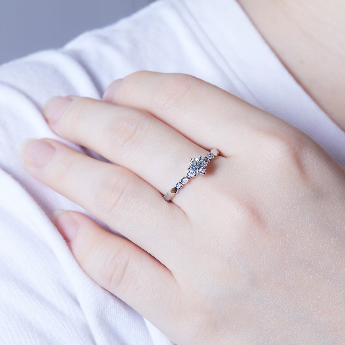 0.5 CT D Color Moissanite Honeycomb Straight Shank Ring in White Gold Plated Sterling Silver#12