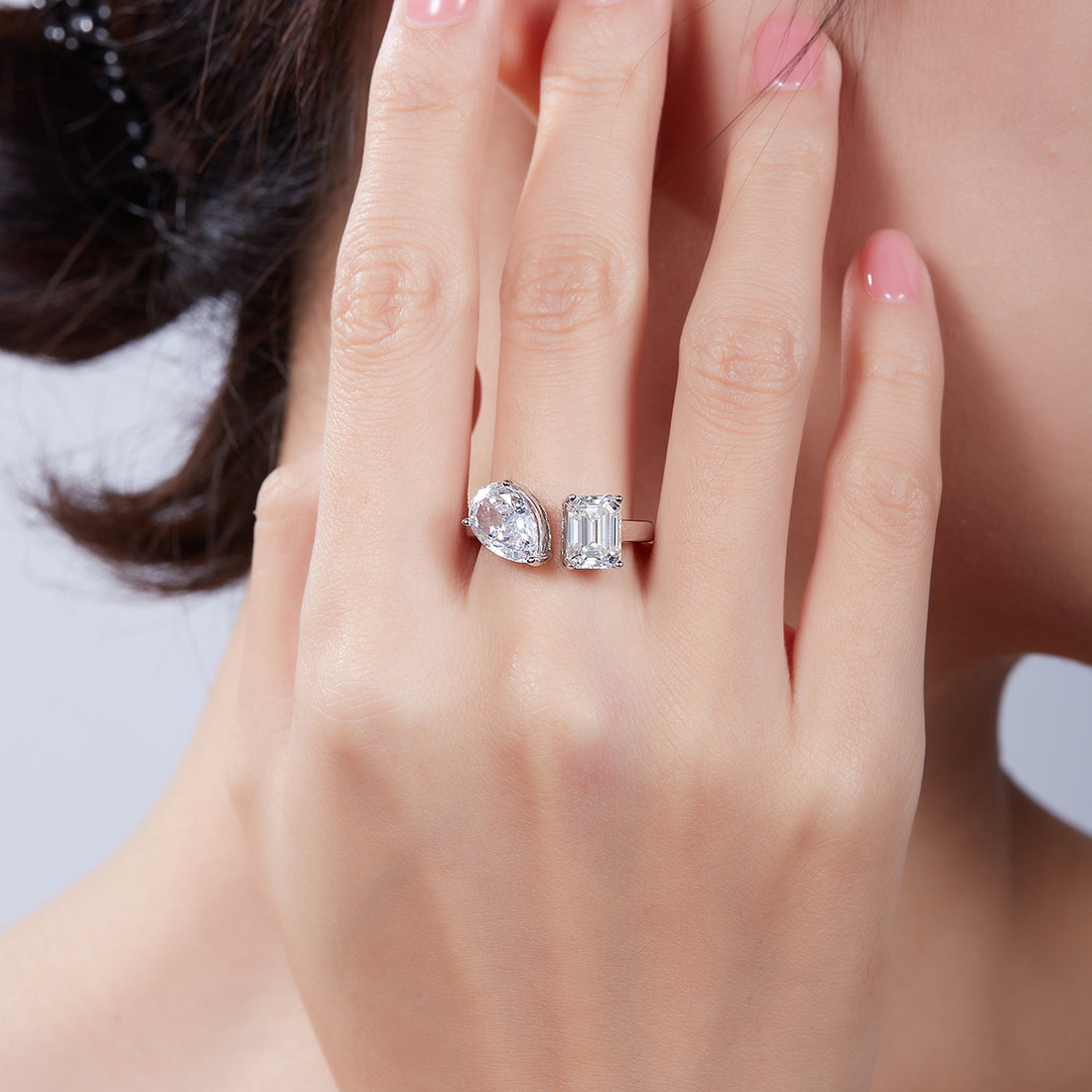 2.0 CT D Color Pear Crushed Ice and Emerald Cut Moissanite Ring in White Gold Plated Sterling Silver#6