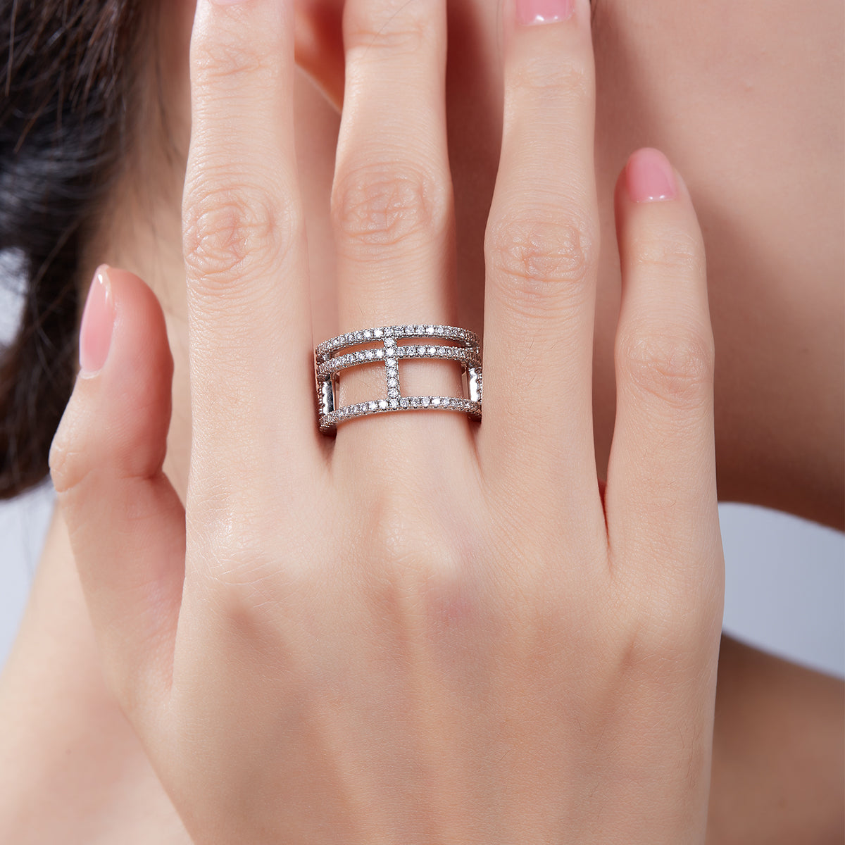 H-Shaped Moissanite Melee Bridal Ring Set in White Gold Plated Sterling Silver#7