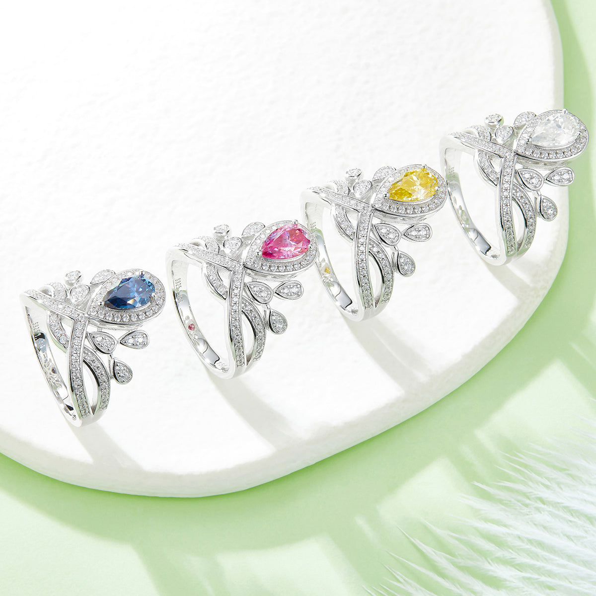 1.0 CT D Color Colored Moissanite V-Shaped Crown Pear Ring in White Gold Plated Sterling Silver#11