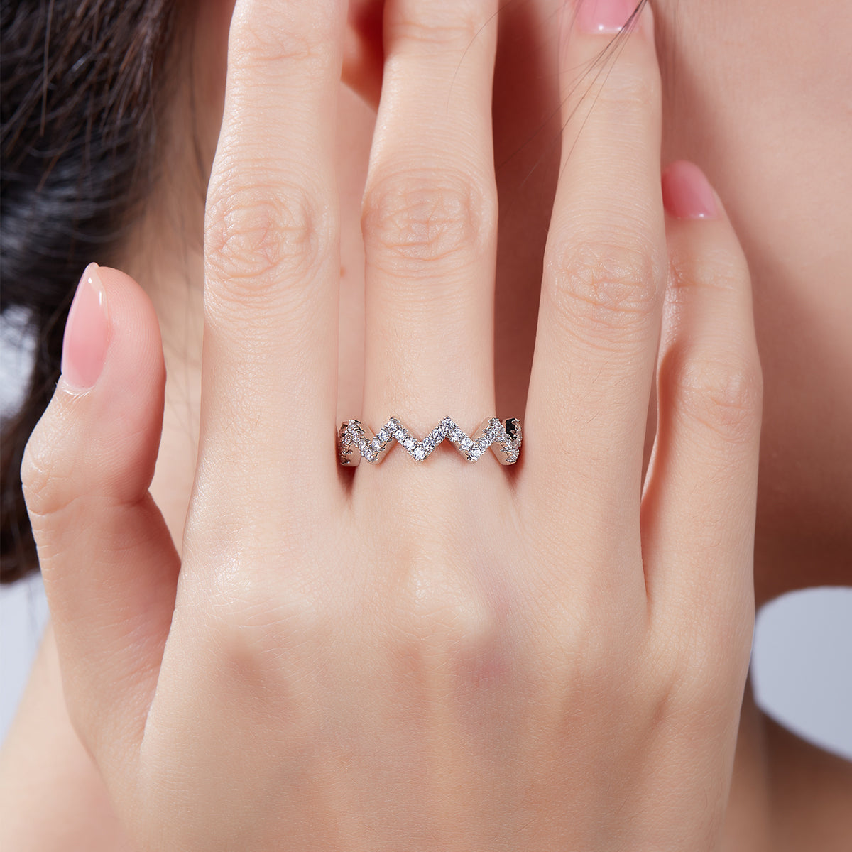 Z-Shaped Moissanite Melee Ring Guard in White Gold Plated Sterling Silver#8