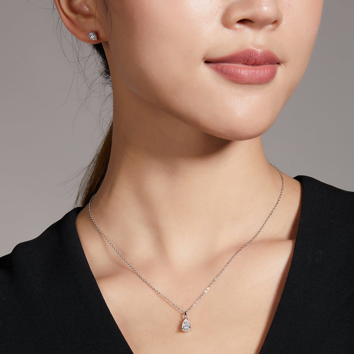 Pear Cut Moissanite Classic Pendant & Stud Earrings Set in White Gold Plated Sterling Silver#13