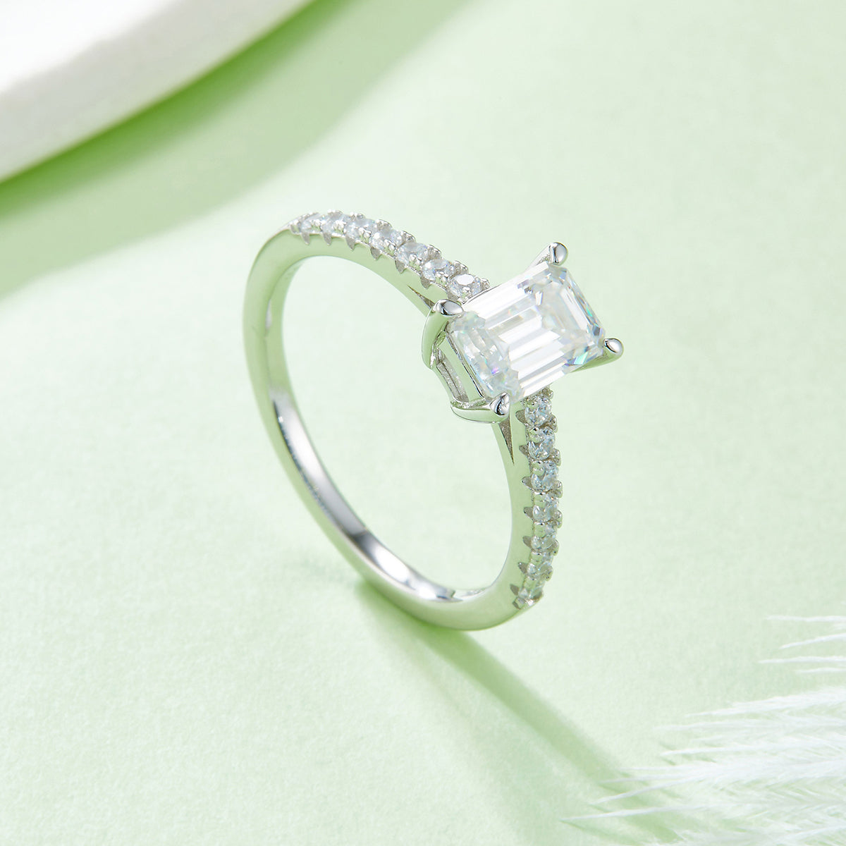 1.0 CT D Color Emerald Cut Moissanite Pave Custom Ring in White Gold Plated Sterling Silver#2