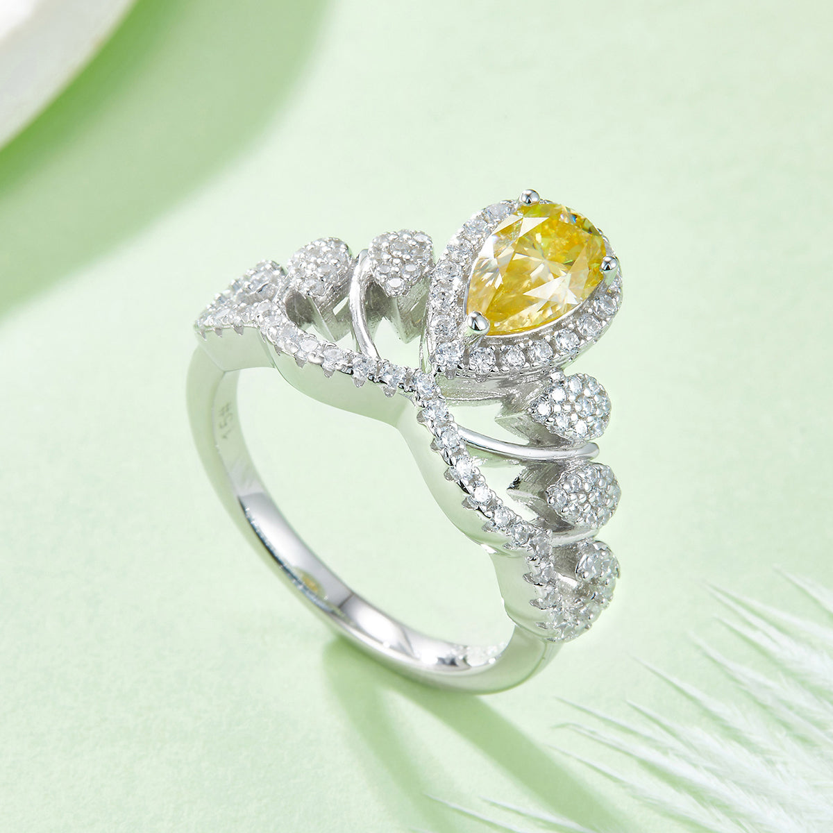 1.0 CT D Color Colored Moissanite V-Shaped Queen Pear Ring in White Gold Plated Sterling Silver#12