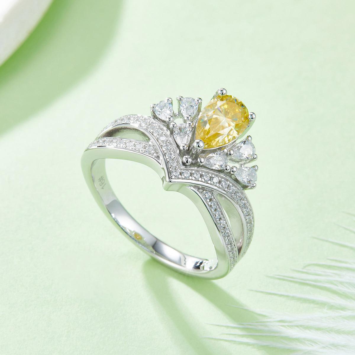 1.0 CT D Color Colored Moissanite V-Shaped Elegant Pear Drop Ring in White Gold Plated Sterling Silver#9