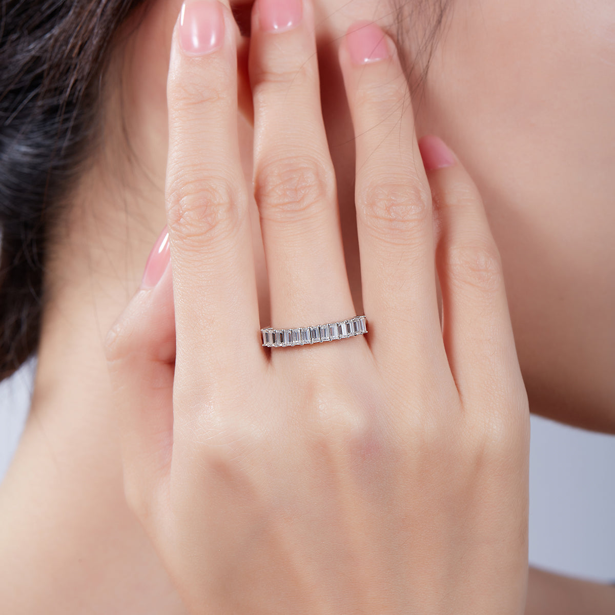 1.0 CT D Color Emerald Cut Moissanite Custom Eternity Band in White Gold Plated Sterling Silver#7