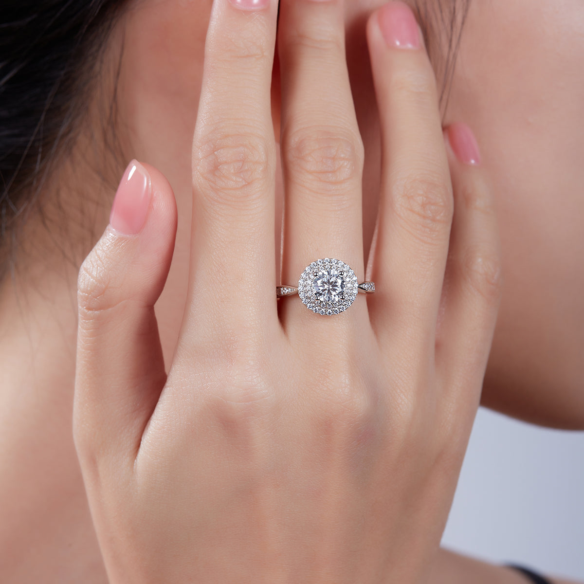 1.0 CT D Color Round Cut Moissanite Halo Ring in White Gold Plated Sterling Silver#8