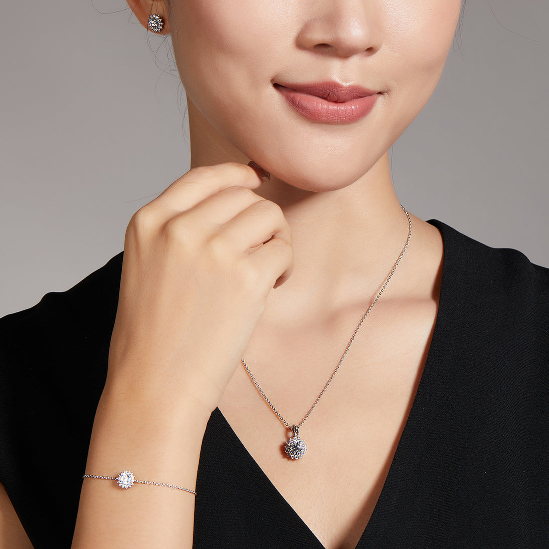 Moissanite Sunflower Pendant & Stud Earrings Set in White Gold Plated Sterling Silver#3