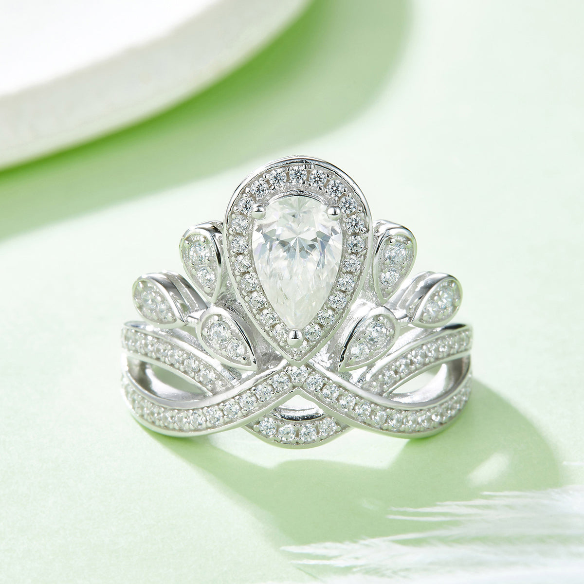 1.0 CT D Color Colored Moissanite V-Shaped Crown Pear Ring in White Gold Plated Sterling Silver#7