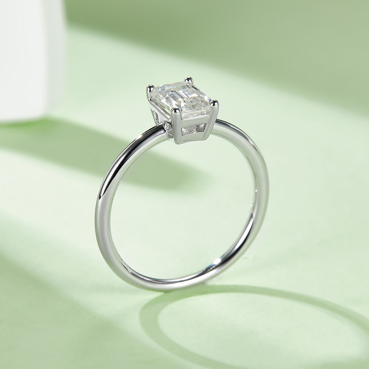 1.0 CT D Color Emerald Cut Moissanite Classic Ring in White Gold Plated Sterling Silver#6