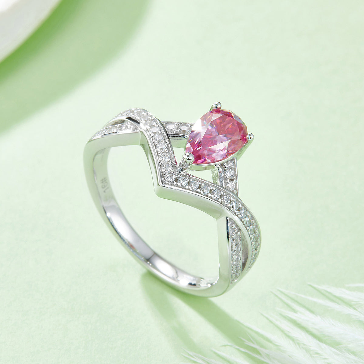 1.0 CT D Color Colored Moissanite V-Shaped Lock of Love Pear Ring in White Gold Plated Sterling Silver#9