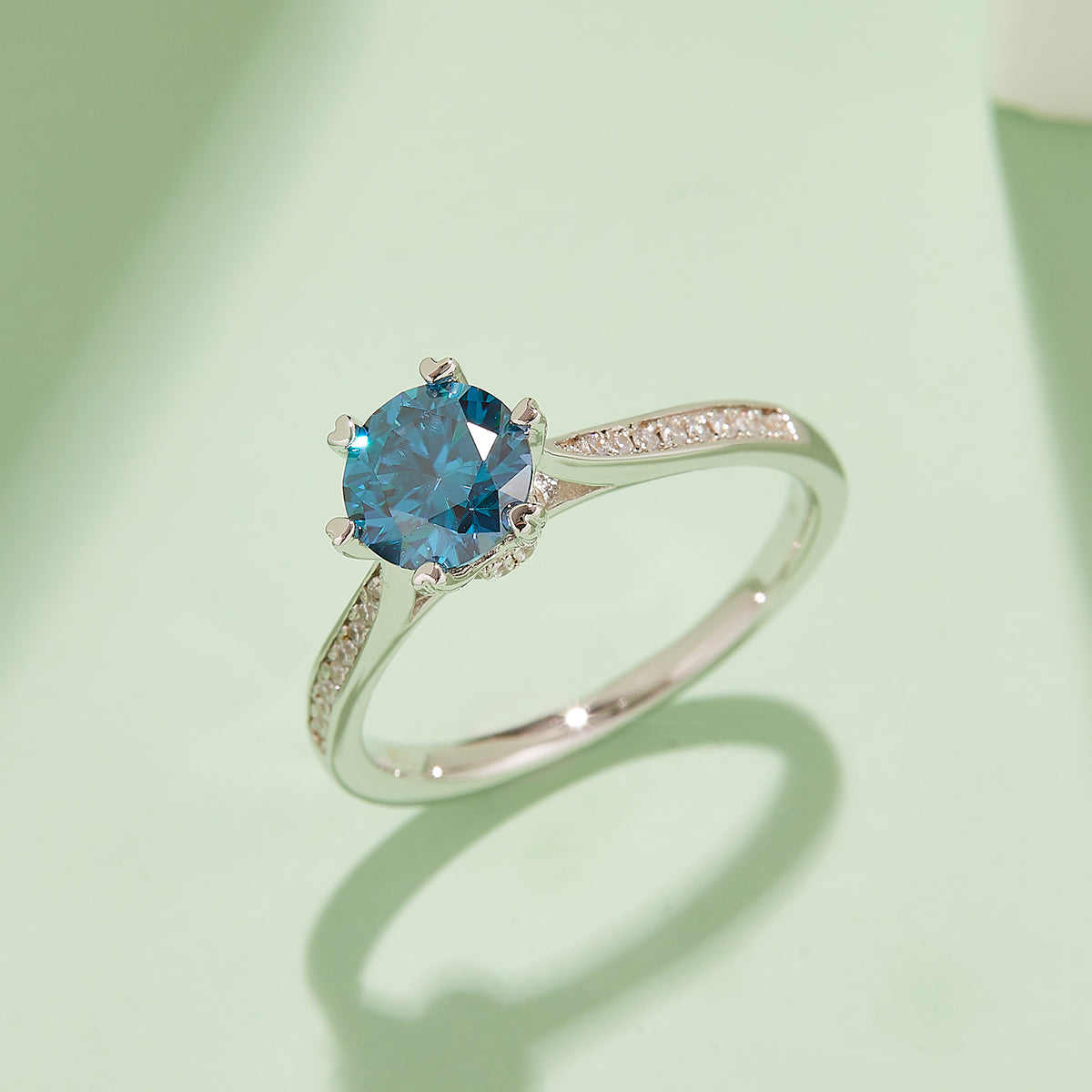 1.0 CT D Color Moissanite Pave Spinning Fortune Straight Shank Ring in White Gold Plated Sterling Silver#10