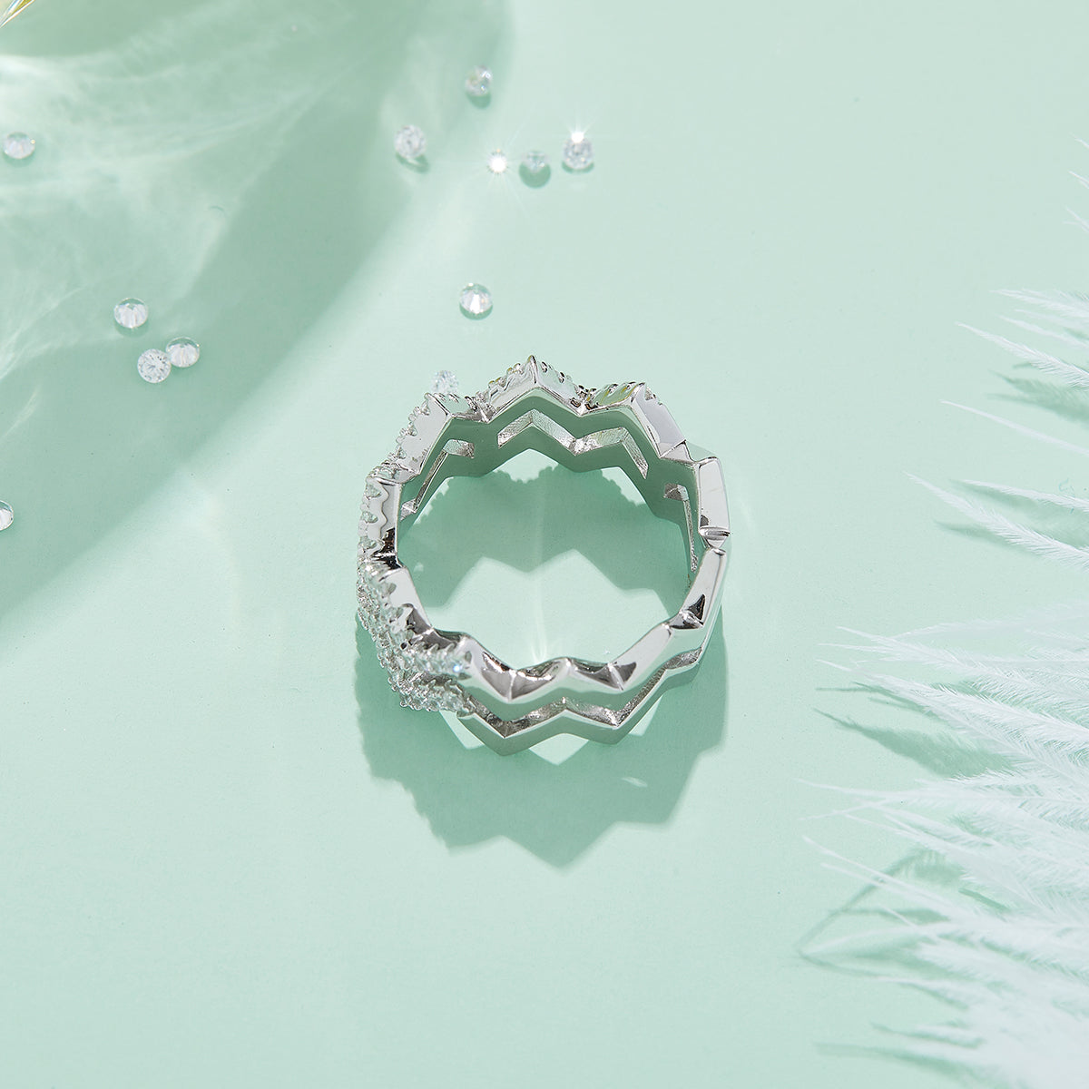 Z-Shaped Moissanite Melee Bridal Ring Set in White Gold Plated Sterling Silver#5