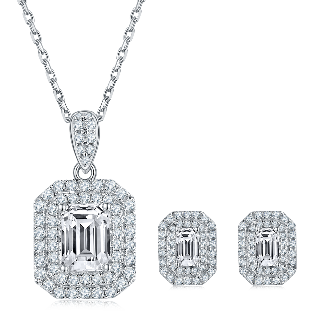 Emerald Cut Moissanite Halo Pendant & Stud Earrings Set in White Gold Plated Sterling Silver#4