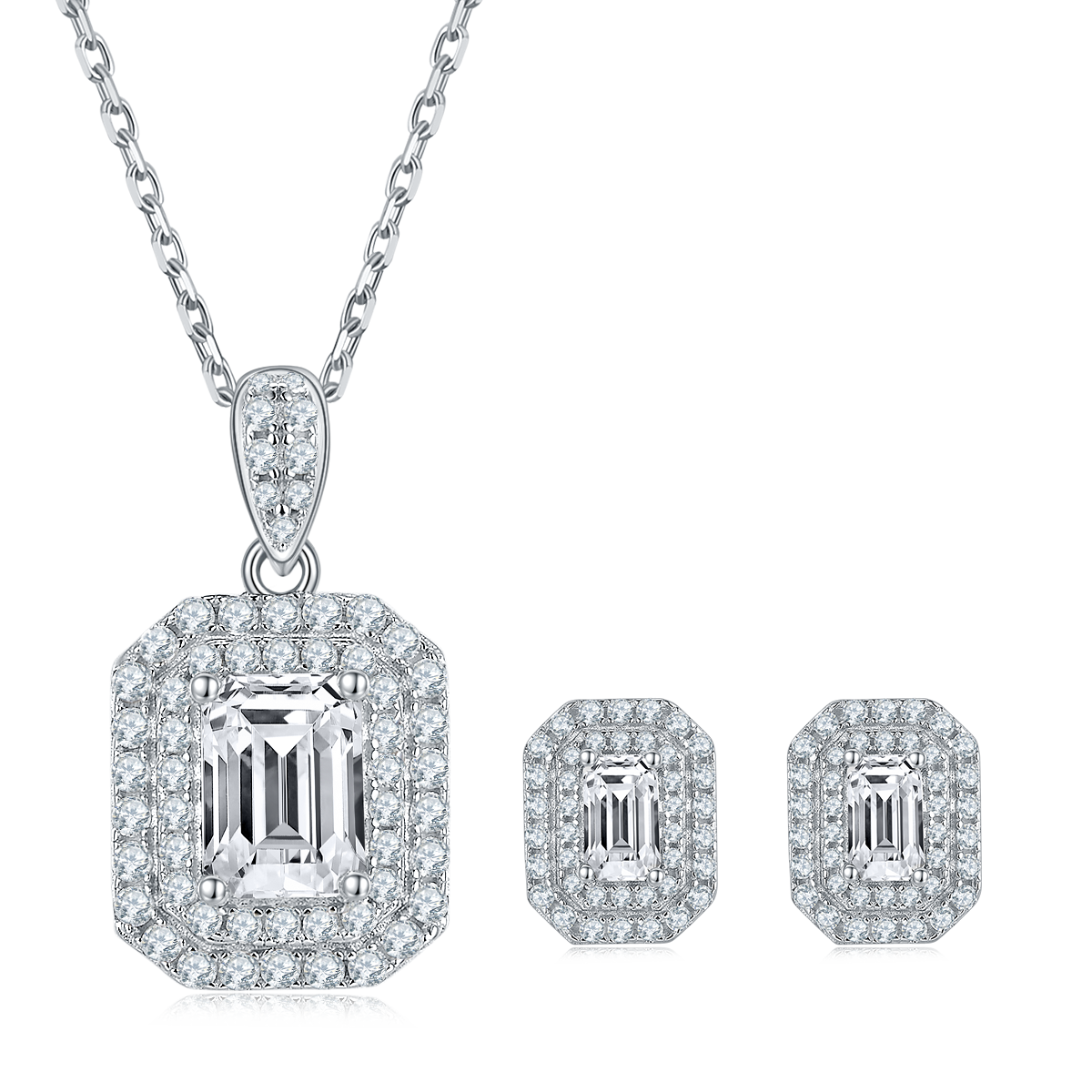 Emerald Cut Moissanite Halo Pendant & Stud Earrings Set in White Gold Plated Sterling Silver#4