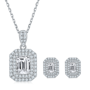 Emerald Cut Moissanite Halo Pendant & Stud Earrings Set in White Gold Plated Sterling Silver#4