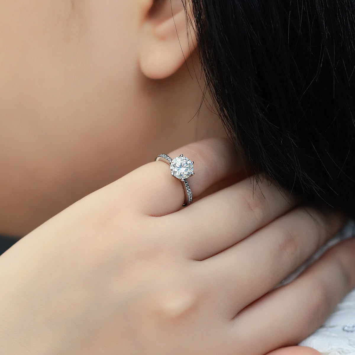 1.5 CT D Color Moissanite Pave Dancing Custom Ring in White Gold Plated Sterling Silver#12