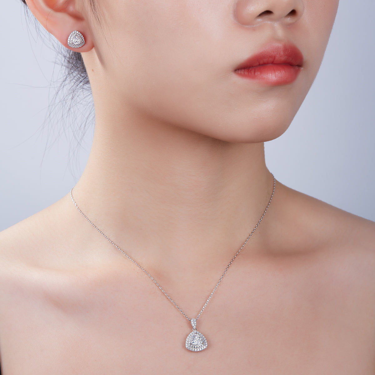 Trillion Cut Moissanite Halo Pendant & Stud Earrings Set in White Gold Plated Sterling Silver#10