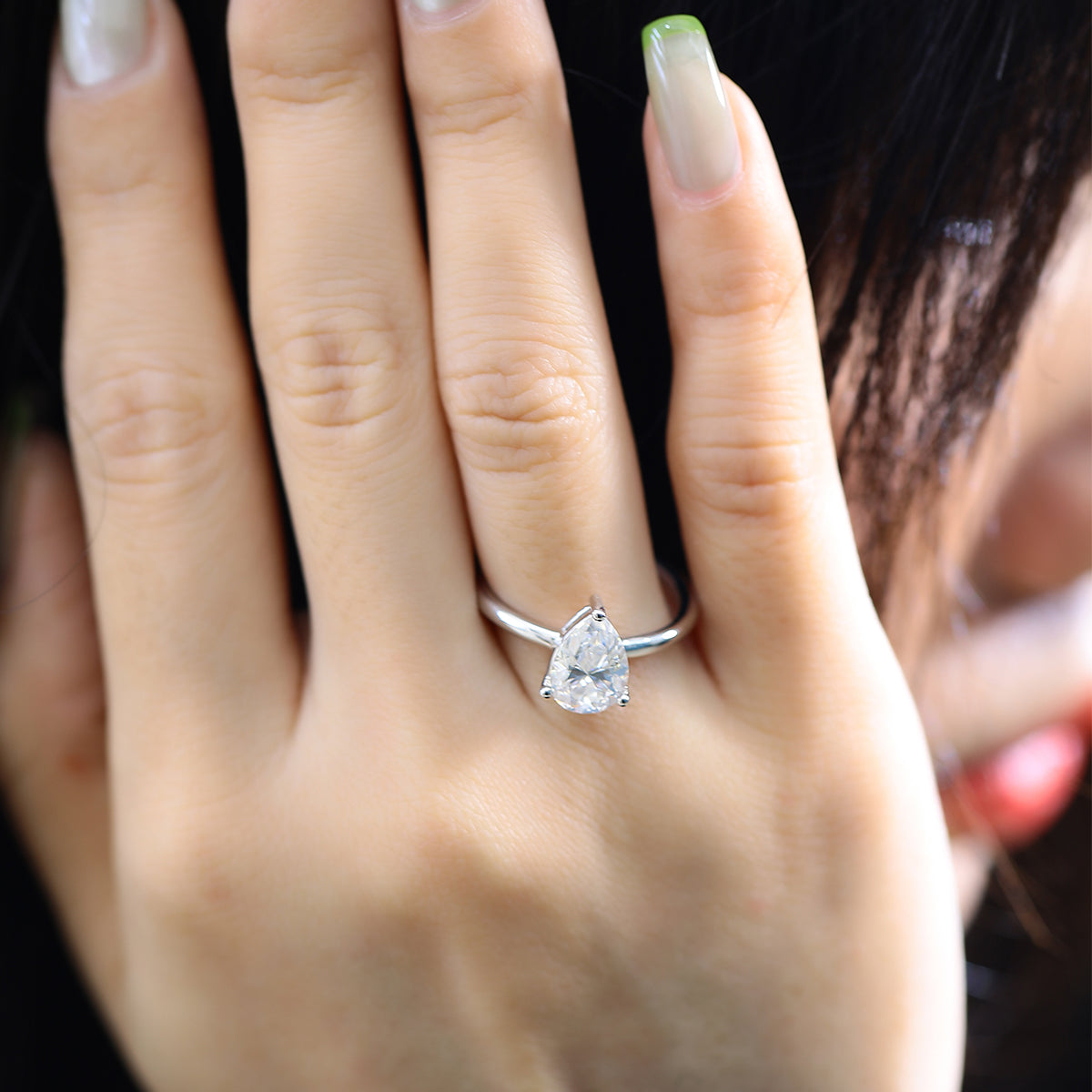 2.0 CT D Color Pear Cut Moissanite Classic Ring in White Gold Plated Sterling Silver#8
