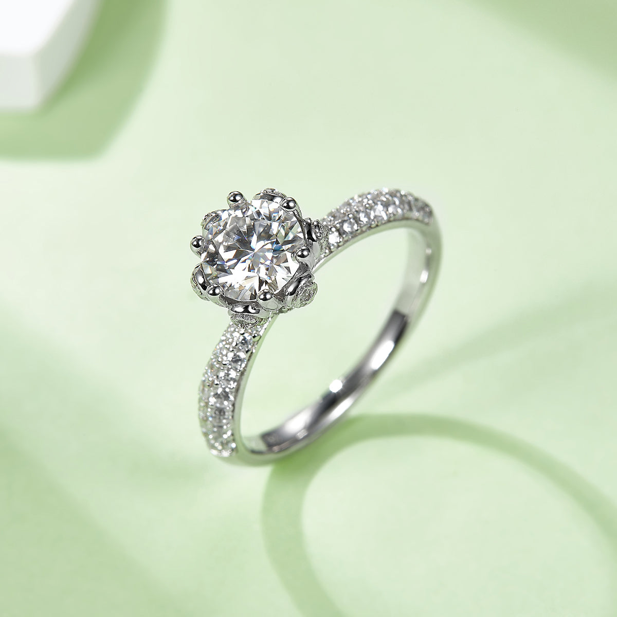 1.0 CT D Color Moissanite Flora Halo Straight Shank Ring in White Gold Plated Sterling Silver#7