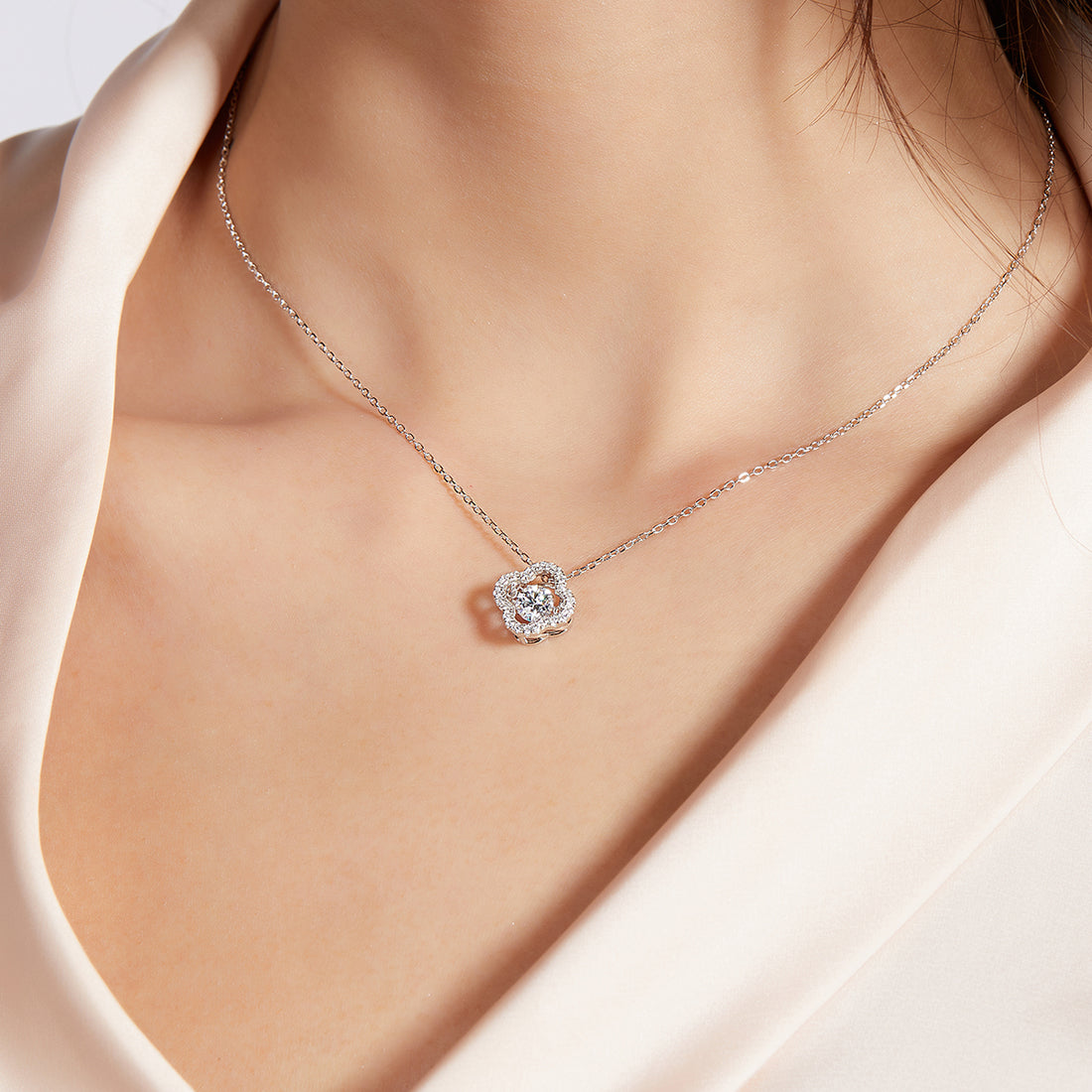 0.5 CT D Color Dancing Lucky Clover Moissanite Necklace in White Gold Plated Sterling Silver#0