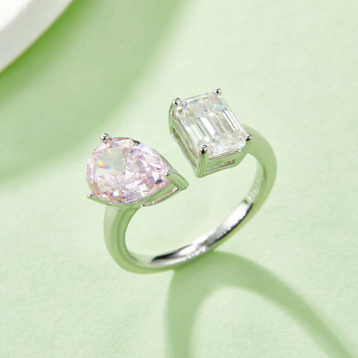 2.0 CT D Color Pear Crushed Ice and Emerald Cut Moissanite Ring in White Gold Plated Sterling Silver#8