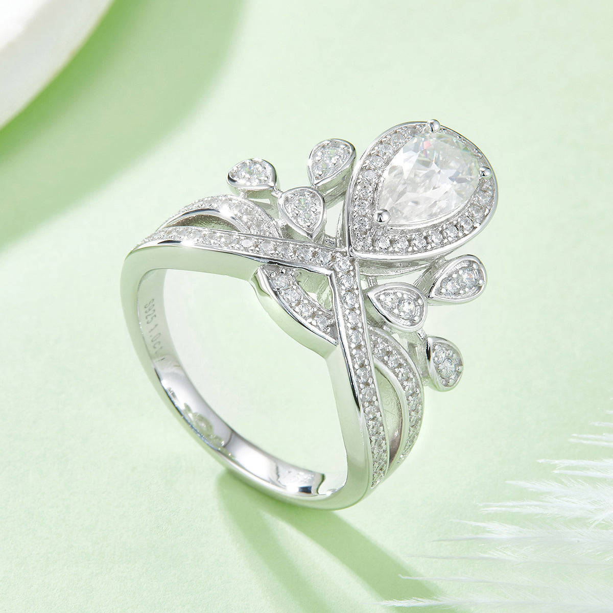 1.0 CT D Color Colored Moissanite V-Shaped Crown Pear Ring in White Gold Plated Sterling Silver#5