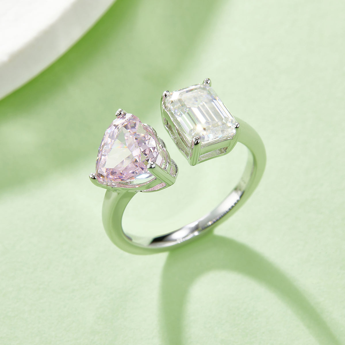 2.0 CT D Color Heart Crushed Ice and Emerald Cut Moissanite Ring in White Gold Plated Sterling Silver#8