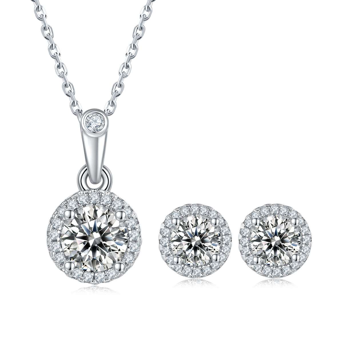 Round Cut Moissanite Dainty Pendant & Stud Earrings Set in White Gold Plated Sterling Silver#4