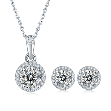Round Cut Moissanite Dainty Pendant & Stud Earrings Set in White Gold Plated Sterling Silver#4