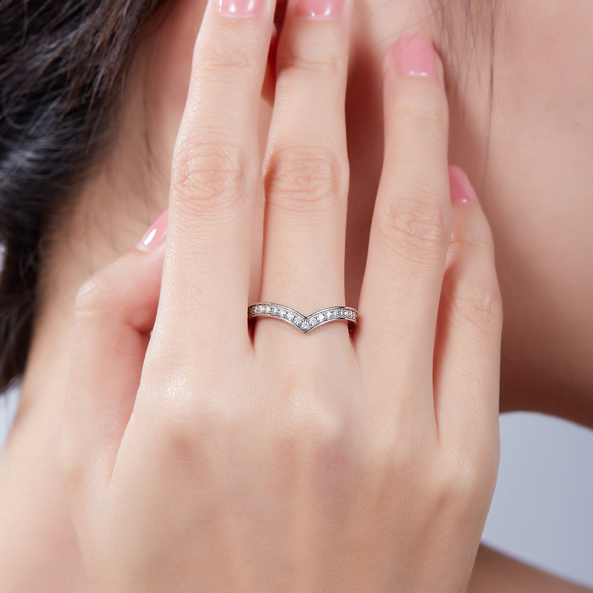 0.6 CT D Color Moissanite Melee V-Shaped Full Eternity Ring Guard in White Gold Plated Sterling Silver#7