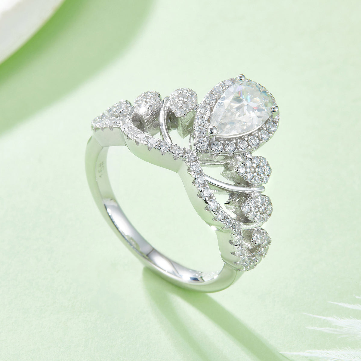 1.0 CT D Color Colored Moissanite V-Shaped Queen Pear Ring in White Gold Plated Sterling Silver#8