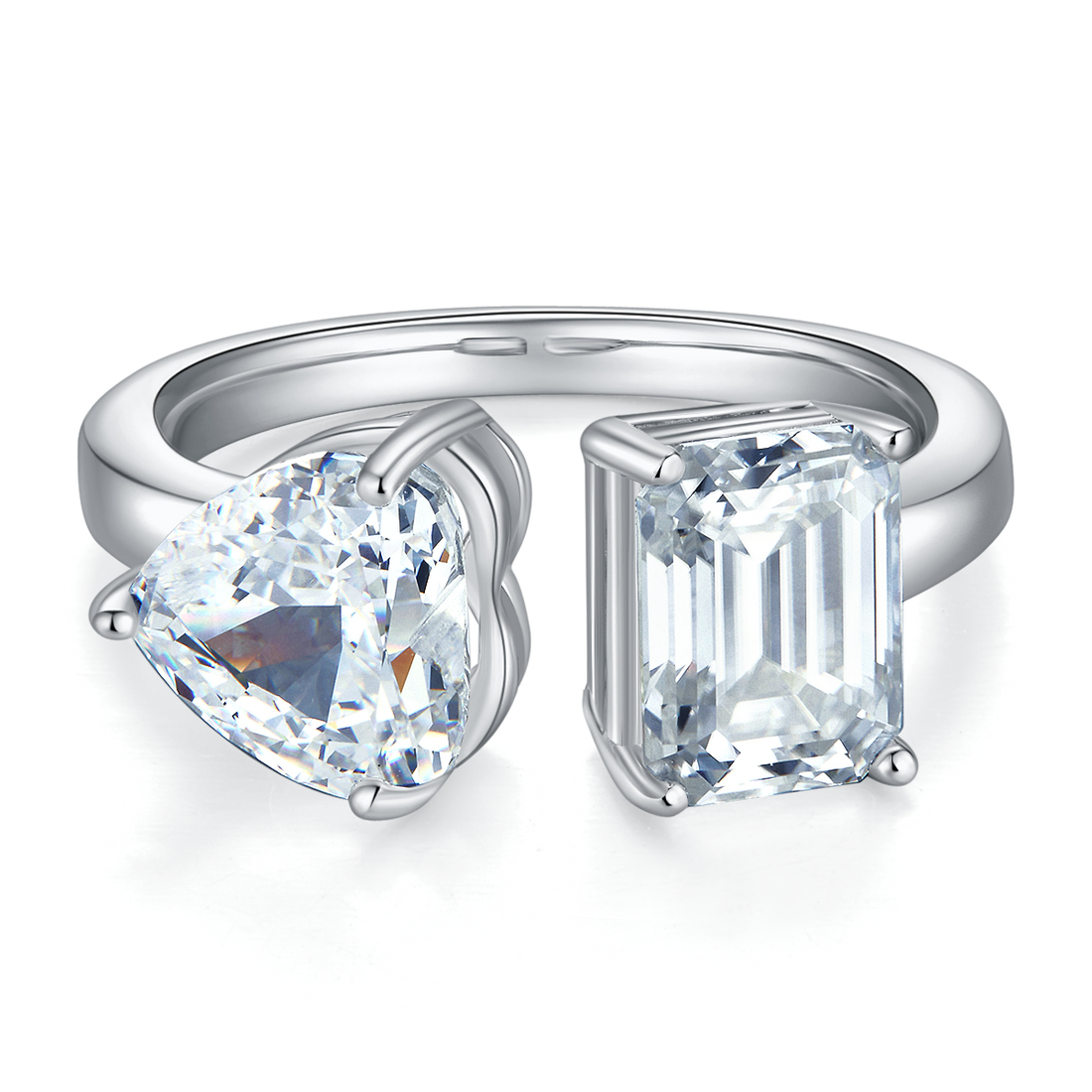 2.0 CT D Color Heart Crushed Ice and Emerald Cut Moissanite Ring in White Gold Plated Sterling Silver#6