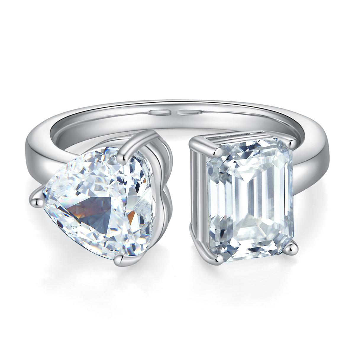 2.0 CT D Color Heart Crushed Ice and Emerald Cut Moissanite Ring in White Gold Plated Sterling Silver#6