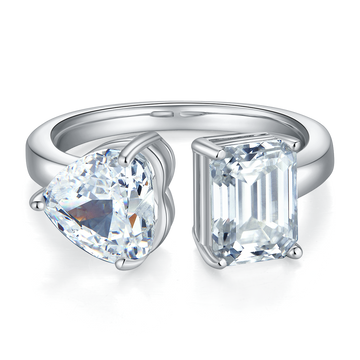 2.0 CT D Color Heart Crushed Ice and Emerald Cut Moissanite Ring in White Gold Plated Sterling Silver#6