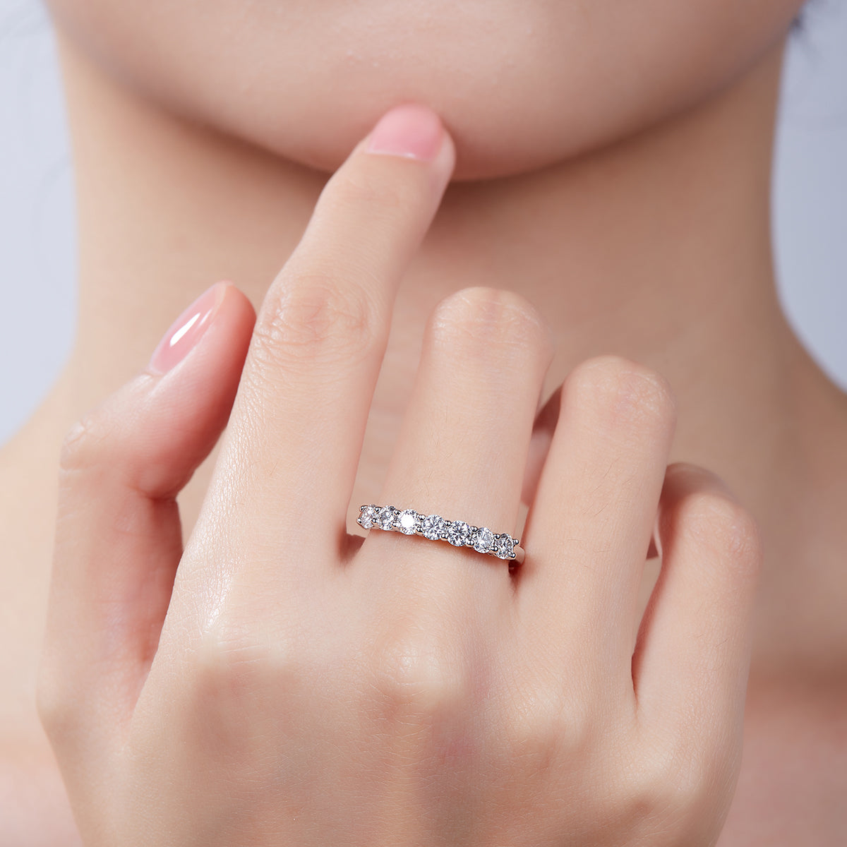 0.7 CT D Color Moissanite Melee Seven-Star Eternity Band in White Gold Plated Sterling Silver#8