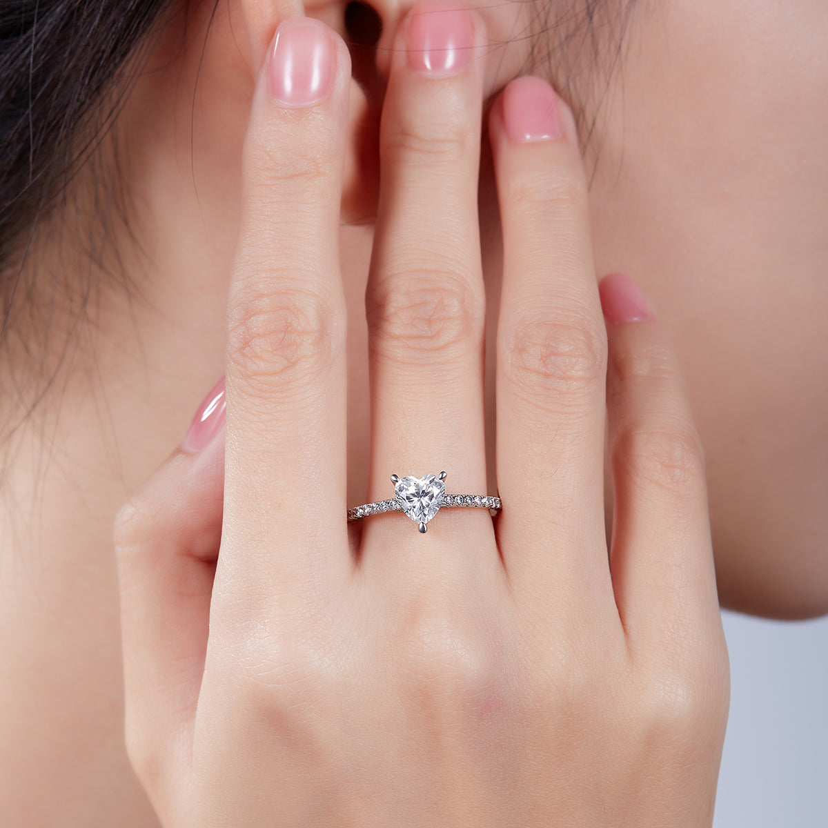 1.0 CT D Color Heart Cut Moissanite Pave Custom Ring in White Gold Plated Sterling Silver#8