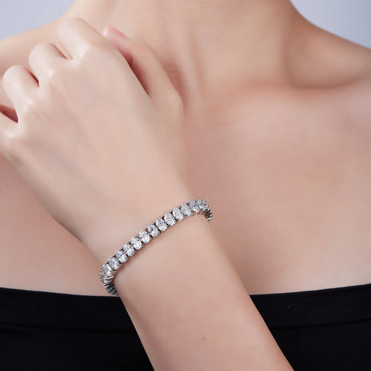 D Color VVS Moissanite Cluster Tennis Bracelet (Oval Cut, 0.5 CT Each) in White Gold Plated Sterling Silver#4