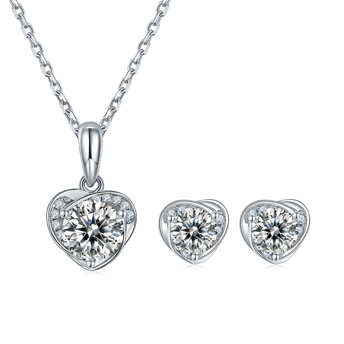 Moissanite Blooming Heart Pendant & Stud Earrings Set in White Gold Plated Sterling Silver#2