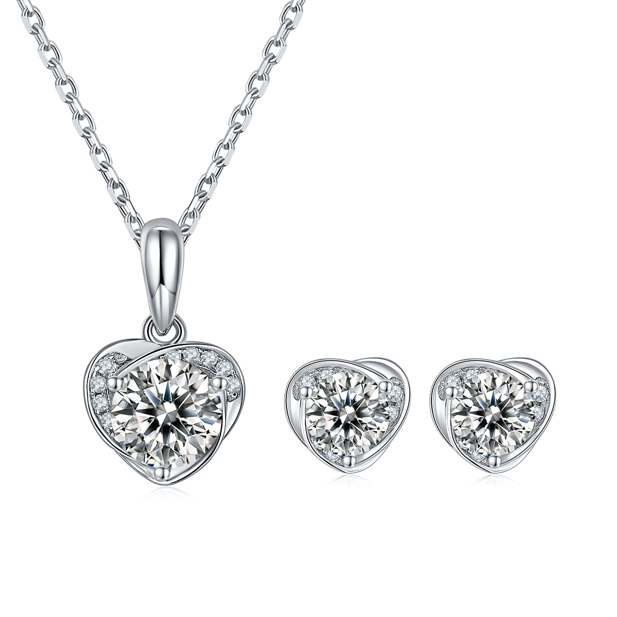 Moissanite Blooming Heart Pendant & Stud Earrings Set in White Gold Plated Sterling Silver#2