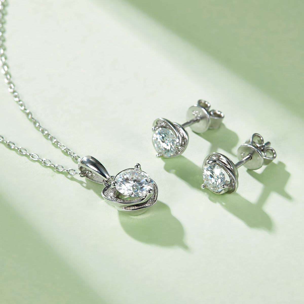 Moissanite Blooming Heart Pendant & Stud Earrings Set in White Gold Plated Sterling Silver#8