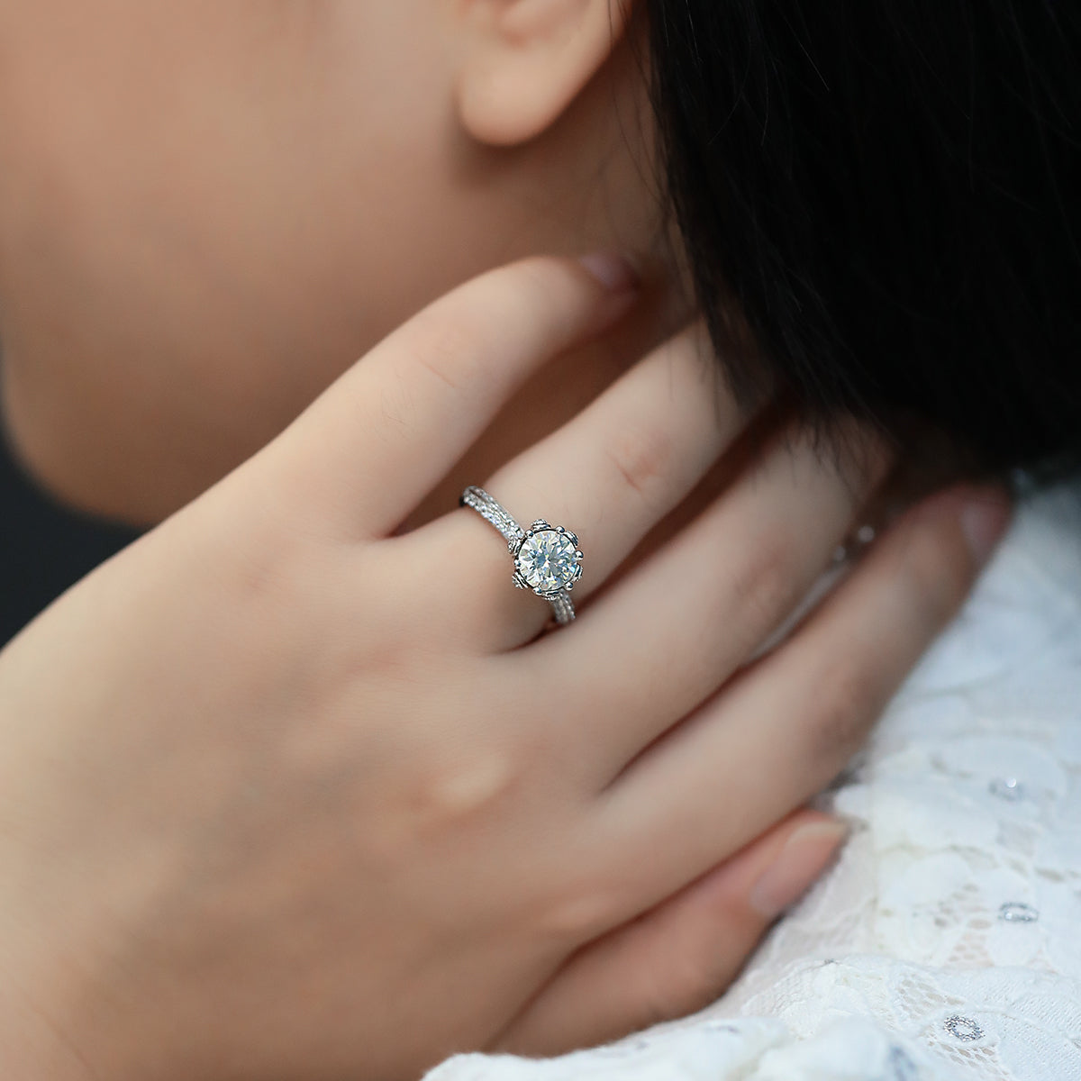 1.5 CT D Color Moissanite Flora Halo Straight Shank Custom Ring in White Gold Plated Sterling Silver#12