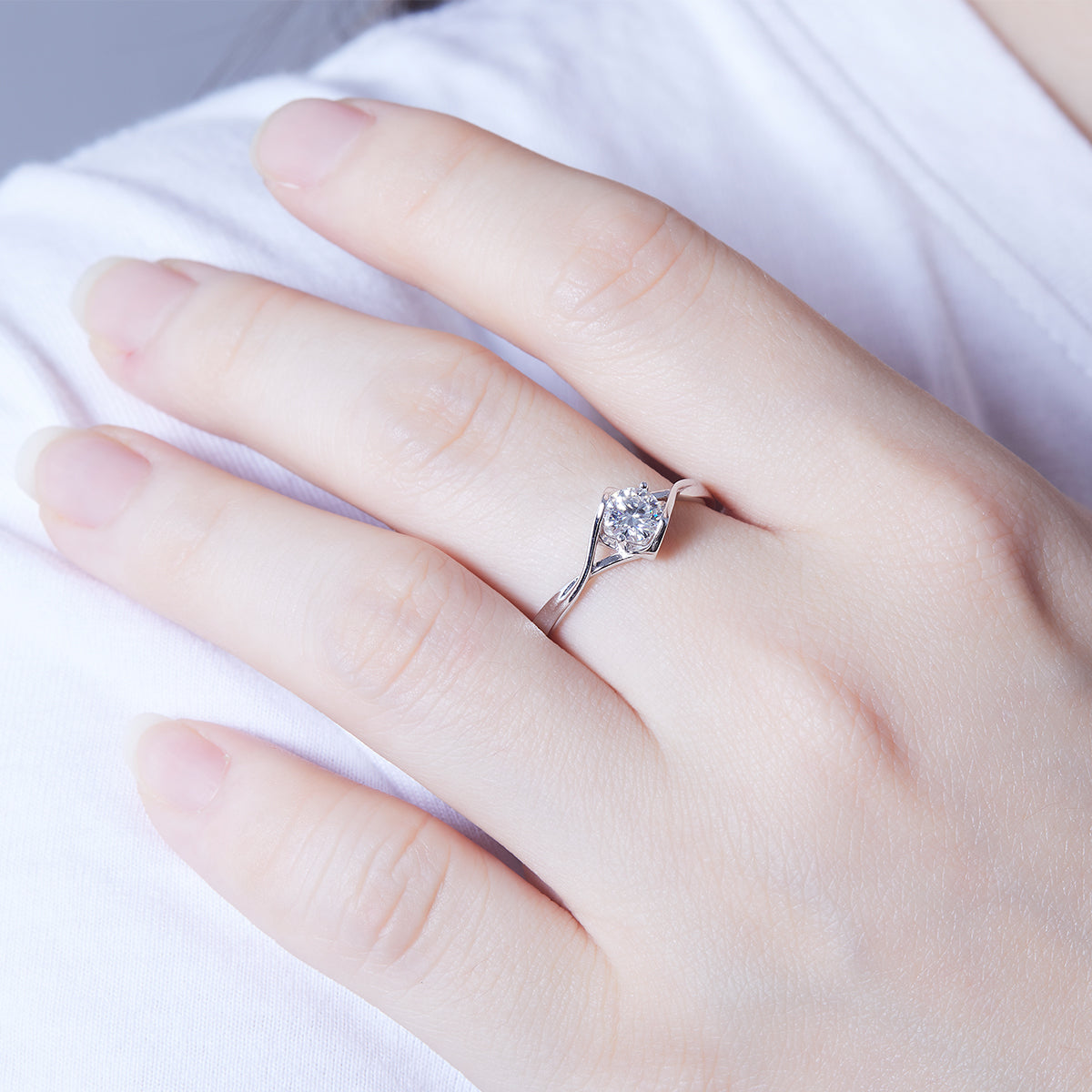 0.5 CT D Color Moissanite Angel Kiss Twisted Shank Ring in White Gold Plated Sterling Silver#12