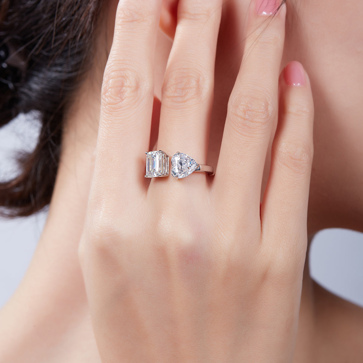 2.0 CT D Color Heart Crushed Ice and Emerald Cut Moissanite Ring in White Gold Plated Sterling Silver#12