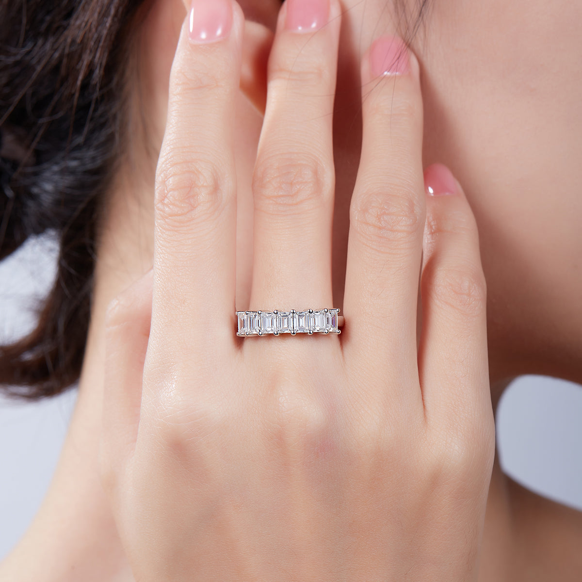 2.1 CT D Color Emerald Cut Moissanite Eternity Band in White Gold Plated Sterling Silver#8