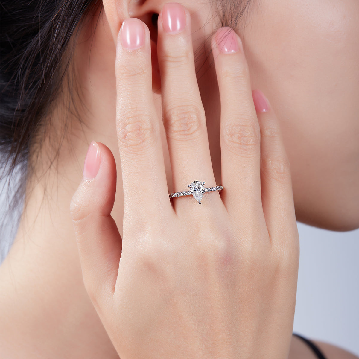 1.0 CT D Color Pear Cut Moissanite Pave Custom Ring in White Gold Plated Sterling Silver#8