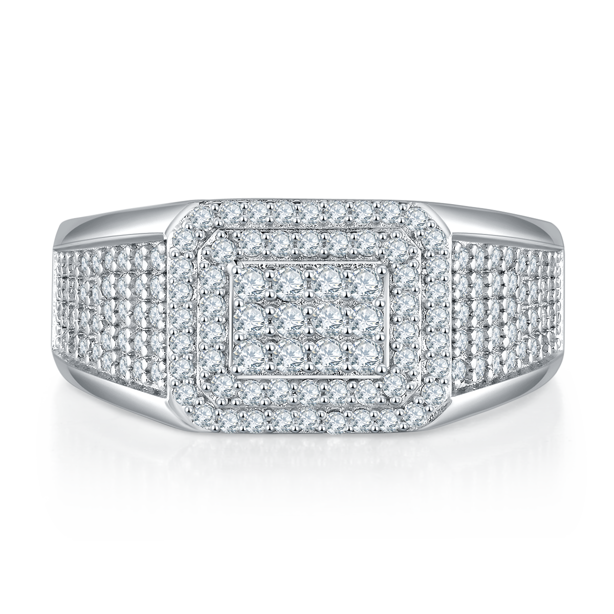 0.84 CT D Color Moissanite Melee Halo Men's Band in White Gold Plated Sterling Silver#2