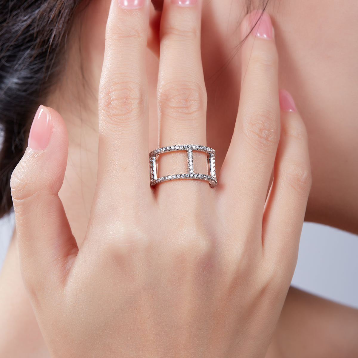 H-Shaped Moissanite Melee Ring Guard in White Gold Plated Sterling Silver#7