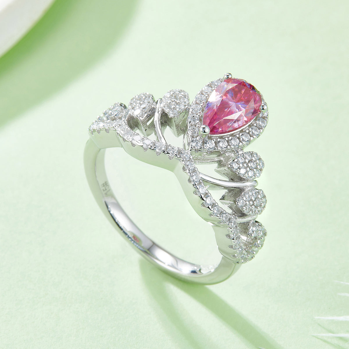 1.0 CT D Color Colored Moissanite V-Shaped Queen Pear Ring in White Gold Plated Sterling Silver#11